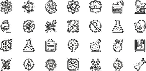 Science and laboratory equipment icons vector set for research and experiment