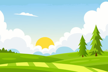 Obraz premium A serene cartoon landscape with green hills and trees under a sunny sky