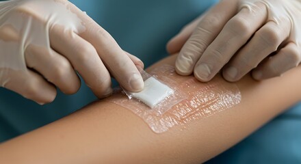 A medical professional carefully applies a bandage to a patient's arm after a procedure.