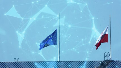 European Union and Poland flags waving with digital network overlay symbolizing technology, innovation and international cooperation. - Powered by Adobe
