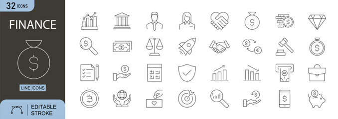 Finance icons set. Includes icons for money, currency, savings, investment, budget, cash, wallet, credit, payment, and banking. Editable stroke line icons. Perfect for accounting, business, and econom
