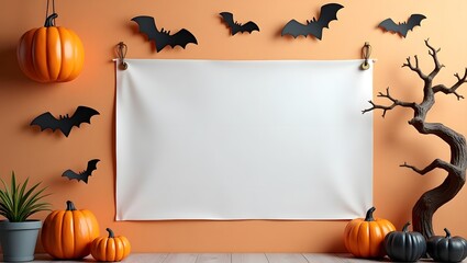 Display Mockup: Blank Banner in the Wall with Halloween Ornament