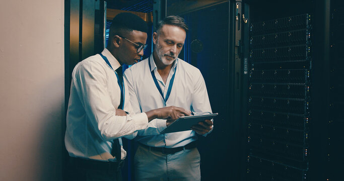 Server room, team and people on tablet for IT support, database backup and cybersecurity. Meeting, hardware and workers on digital tech for system maintenance, diagnostics test and technical service