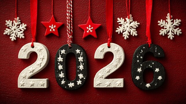 Modern new year 2026 banner with red background stylized glowing elements ribbons stars snowflakes simple minimalistic greeting card style