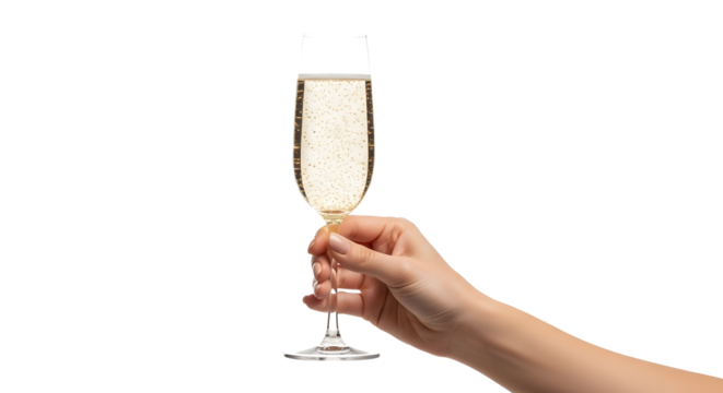 Elegant hand holding champagne glass, sparkling celebration drink for festive event or luxury lifestyle ad