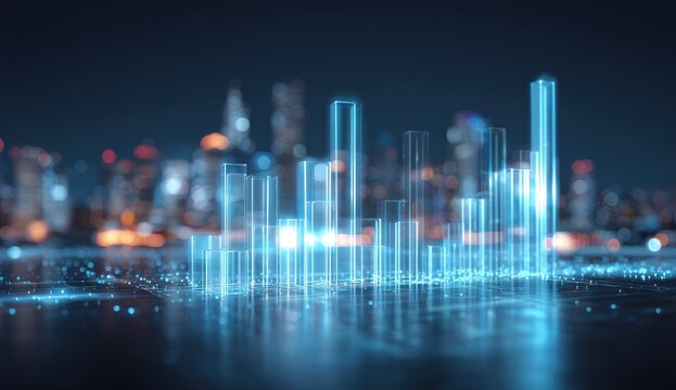 City skyline rendered in glowing, transparent blocks, overlaid on a blurred nighttime cityscape