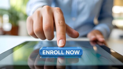 Confident professional engages digital platform, pressing 'Enroll Now' button on tablet for seamless registration and opportunity