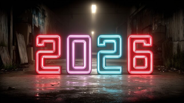 New year "2026"modern futuristic typography glowing blue and purple neon abstract celebration background minimal design - Powered by Adobe