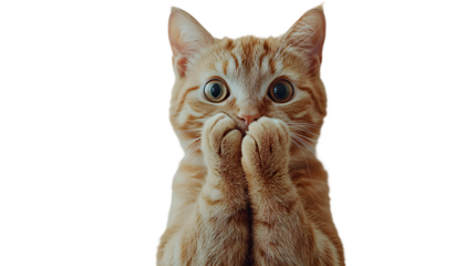 Surprised cat covering its mouth with paws isolated on a transparent background