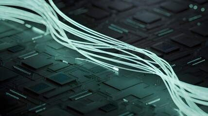 Dynamic light streams illuminate intricate circuit board pathways, symbolizing advanced technology and data flow for modern innovation.