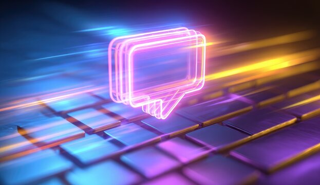 Neon speech bubble graphic over keyboard - Powered by Adobe