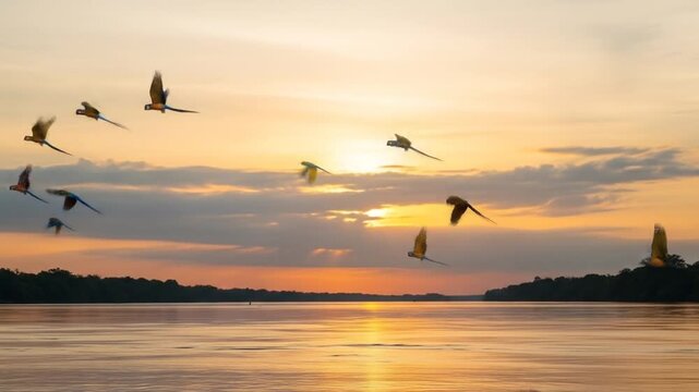 Brilliant Sunset Scene with Macaws Flying over the Calm River at Dusk, Cinematic Shot