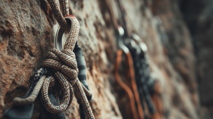 Close up of climbing ropes and equipment on a rock surface