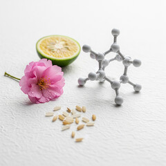 Still Life of Ingredients for Spa and Beauty, Rice, Flower, Lime, and Molecular Structure of Niacinamide