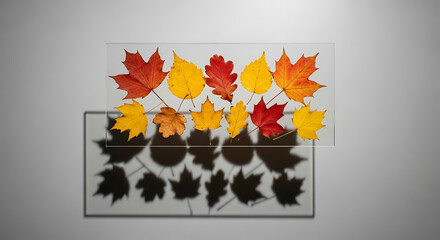 Autumnal Leaf Arrangement - Vibrant Colors and Shadows on Glass, Artistic Composition.