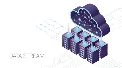 Modern cloud computing data center with servers and network connections, representing digital infrastructure and information flow seamlessly.