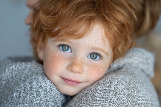 Adorable redhaired boy with blue eyes hugs parent with feeling safe and loved indoors.