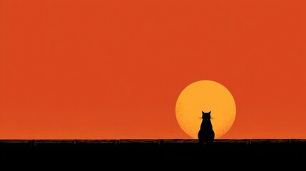 Fototapeta premium Simple halloween background black cat silhouette sitting on fence with crescent moon orange gradient sky minimal flat spooky design