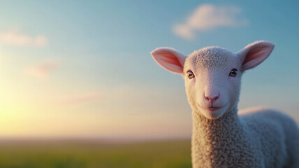 Obraz premium Close up of lamb with fluffy white fur standing in field during sunset, showing soft light and calm expression