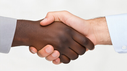 Close up of handshake between two people with different skin tones symbolizing agreement and cooperation in business or friendship