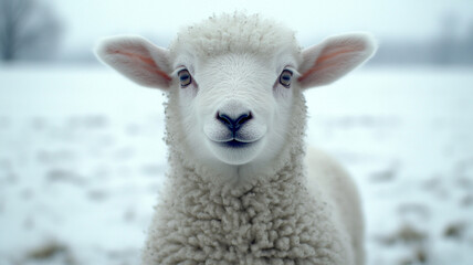 Fototapeta premium Close up of lamb with fluffy white fur standing in snowy field, showing soft wool and gentle eyes in cold weather