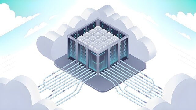 Advanced cloud data center servers connect seamlessly, representing modern digital infrastructure and secure information flow in a dynamic tech environment.