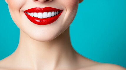 Fototapeta premium Close up of radiant smile with perfect white teeth and glossy red lipstick on smooth skin against blue background