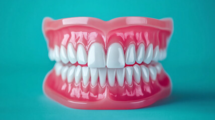 Fototapeta premium Close up of dental model showing perfect white teeth and pink gums on blue background, symbolizing oral health and dental care