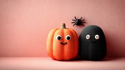 Top view halloween crafts orange pumpkin ghost bat black spider pastel background copy space creative seasonal design