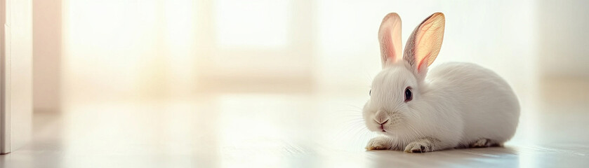 Obraz premium Close up of white rabbit resting on smooth floor with soft natural light creating calm and peaceful atmosphere