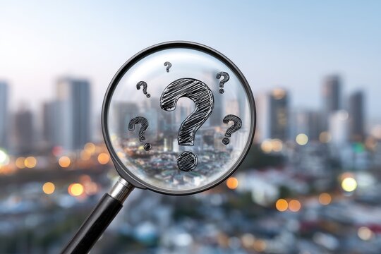 A magnifying glass focuses on a question mark, cityscape background - Powered by Adobe