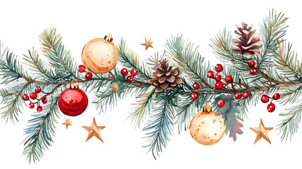 watercolor christmas tree branches decorated with baubles and stars isolated on a transparent background