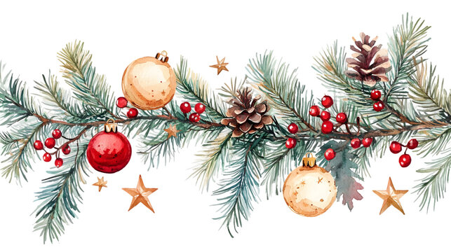 watercolor christmas tree branches decorated with baubles and stars isolated on a transparent background