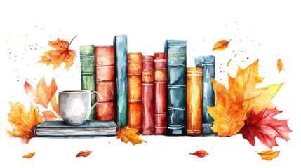 watercolor illustration of books and autumn leaves isolated on a transparent background