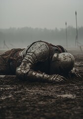 Naklejka premium Powerful knight lying defeated on the muddy battlefield after the war, a symbol of resilience