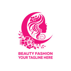 Beauty Fashion Woman Face Logo with Moon Shape and Floral Elements in Pink