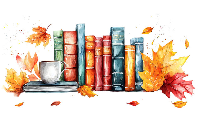 watercolor illustration of books and autumn leaves isolated on a transparent background