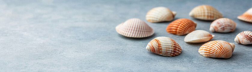 Obraz premium Assorted seashells with striped patterns arranged on textured blue surface, showcasing natural colors and smooth shapes in calm setting