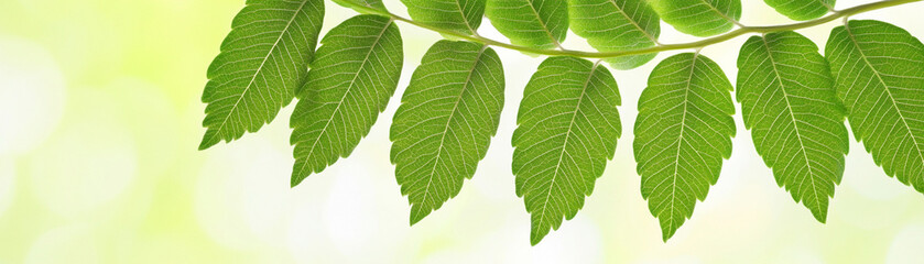 Fototapeta premium Bright green leaves with detailed veins hang from branch, glowing softly in warm sunlight, creating fresh and peaceful natural scene