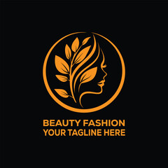 Elegant Beauty Fashion Woman Face Logo with Leaf Design in Orange on Black Background