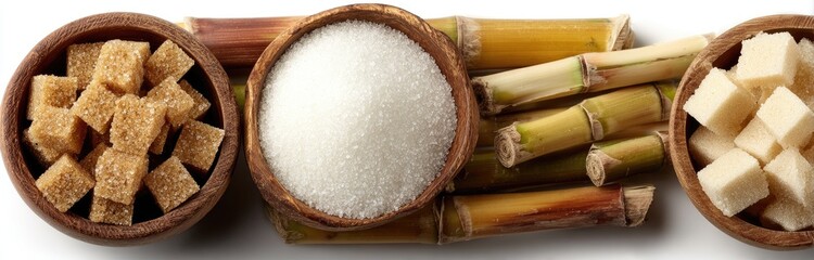 Sugar varieties in wooden bowls, with sugarcane stalks