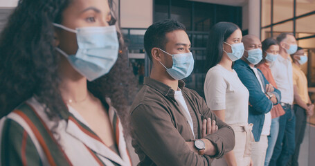 Team, waiting and business people with face mask in office for social distance, talking and safety. Staff, ppe and group of employees with health protocol, policy or stop virus together in workplace.