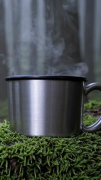 Metal camping cups filled with a steaming hot beverage rest on a bed of moss in a misty forest, creating a serene and inviting atmosphere for relaxation and contemplation