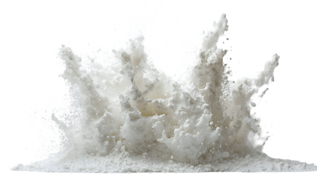 white sugar dust explosion, front view, studio lighting, plain black isolated on a transparent background