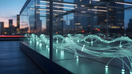 Futuristic data cables glowing in modern office space, showcasing technology and innovation with urban cityscape backdrop