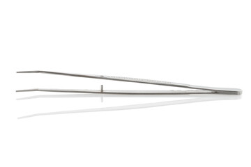 Medical surgical tweezers isolated on white background. Universal tweezers with curved tip