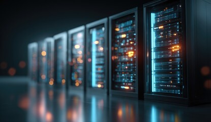 Server racks in a data center, illuminated with glowing lights