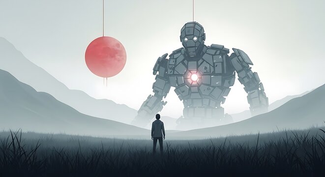 Giant Robot and Man in a Landscape.