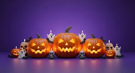Spooky Halloween pumpkins and ghost candles with bats and skulls on purple background
