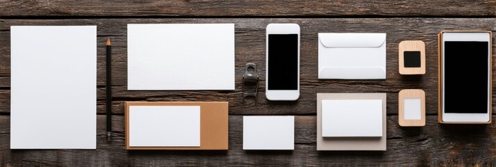Stationery Layout Featuring Blank Business Cards, Envelopes, and Mobile Devices on a Rustic Wooden Table